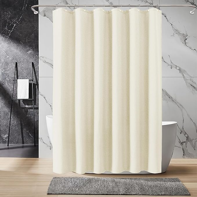 Inhousolu Fabric Shower Curtain Waffle Weave, 230 GSM Heavy Duty, Weighted Hem, 8 Metal Hooks, Water Repellent, Machine Washable, Hotel Spa Luxury Bath Curtain Set, 36 x 72 Inch, Ivory
