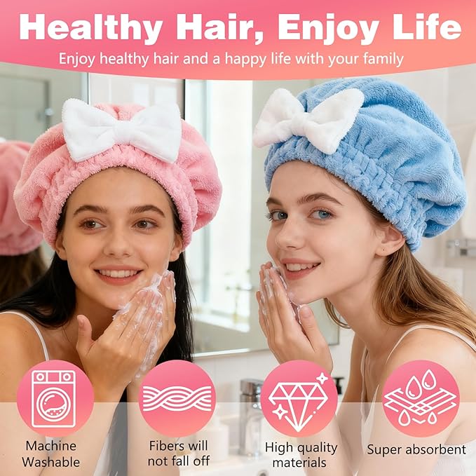 2Pcs Super Absorbent Hair Towel Wrap for Wet Hair, Microfiber Hair Towel Wrap Quick-Drying Thickened Hair Towels, Soft Bow Tie Wet Hair Towels Wrap for Women Girls (Pink+Blue)