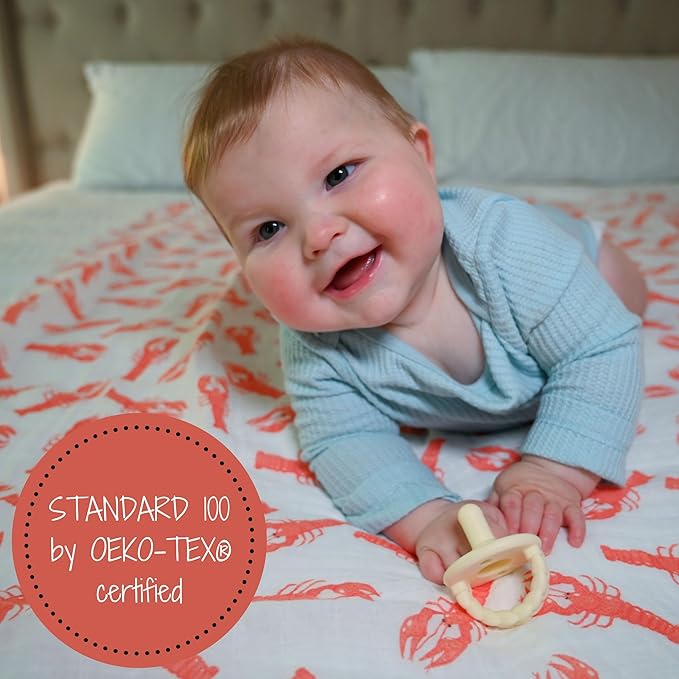 LollyBanks Muslin Swaddle Blankets for Boys and Girls, 100% Cotton Baby Blanket, Large 47 x 47 Inches Breathable Swaddles for Newborn, Gender Neutral Baby Swaddle Blanket, Registry (Lobster Print)