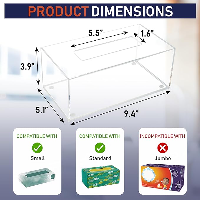 Acrylic Tissue Box Holder, Clear Dispenser for Facial Tissues, Napkins, and Dryer Sheets. Perfect for Bathrooms, Desks, Countertops, Vanities, Bedrooms, and Nightstands (Rectangle, Clear)