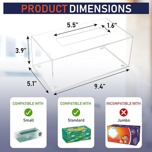 Acrylic Tissue Box Holder, Clear Dispenser for Facial Tissues, Napkins, and Dryer Sheets. Perfect for Bathrooms, Desks, Countertops, Vanities, Bedrooms, and Nightstands (Rectangle, Clear)