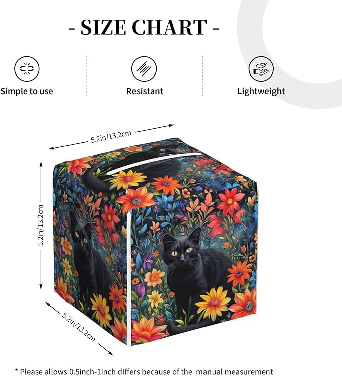 Colorful Florals Black Cat Tissue Box Cover Flower Daisy Square Leather Tissue Holder Decorative Facial Tissue Cube Paper Cover Case Organizer for Bathroom Night Stands Desk Tabletop Living Room Home