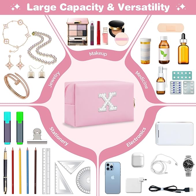 ChaoGreat Bride Gifts – Personalized Initial Makeup Bag with Pearl Rhinestone Patch, Preppy Pink Monogram Cosmetic/Toiletry Pouch, bridesmaid Gifts, Bridal Shower Gifts, Wedding Gifts, Bridal Gifts,X