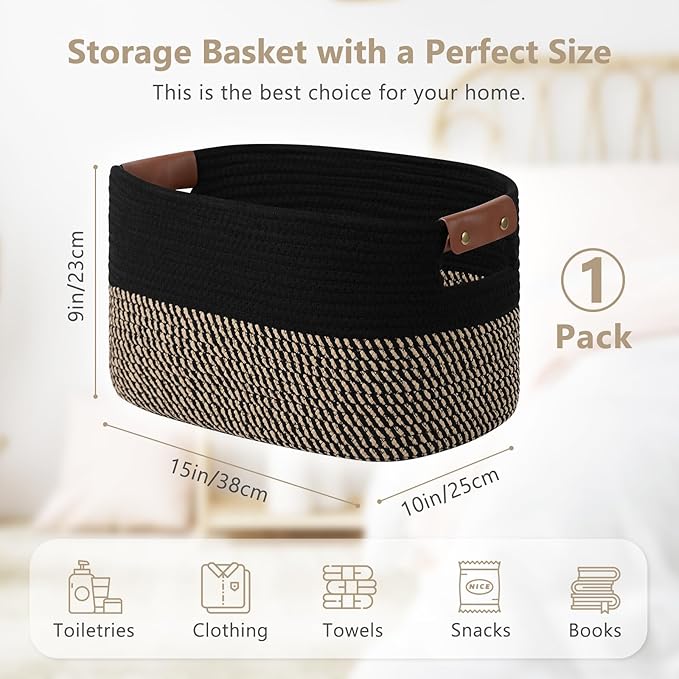 ECDYQXVU Cotton Rope Basket, Storage Baskets with Handle, 15x10x9 Inch Woven Basket for Shelves, Laundry, Towels, Clothes, Books, (Black Brown 1 Pack)