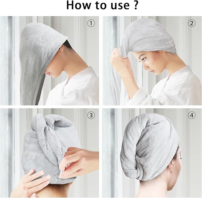 AGLIFEFY 2 Pack Microfiber Hair Towel Wrap for Women Super Absorbent Quick Dry Hair Turban for Drying Curly, Long & Thick Hair 10 inch X 26 inch Lightgrey+Lightgrey