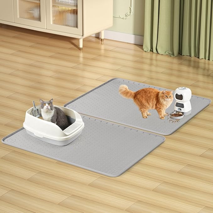 Bartuke Cat Litter Mat, 2 Pack Large 34" x 22" Silicone Mat Litter Trapping Mat for Scatter Control, Soft on Kitty Paws, Easy to Clean (Light Grey)