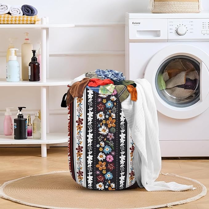 Boho Stripe Flowers Laundry Basket with Sturdy Handles, Colorful Flower Collapsible Oxford Cloth Laundry Hamper Organizer Basket for Bathroom Bedroom 15.7x20 Inch