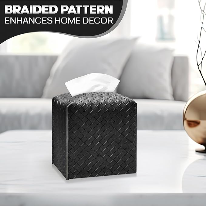 Tissue Box Cover Holder, PU Leather Tissue Box Cover with Braided Pattern, Square Tissue Holder with Bottom Belt, Modern Organizer for Bathroom, Car, Office, Tabletop(Black., 12 Braided Patterns)
