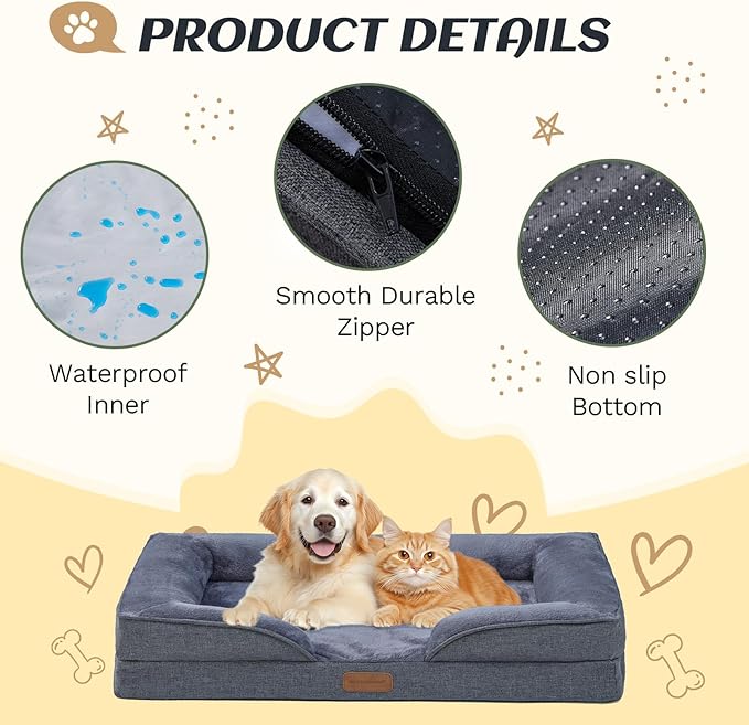 OUPEIWAWA Large Dog Bed Orthopedic with Bolster Sides Removable Egg-Crate Foam Waterproof Liner Pet Bed Sofa Couch with Removable Washable Cover Non-Slip Bottom, Dark Gray