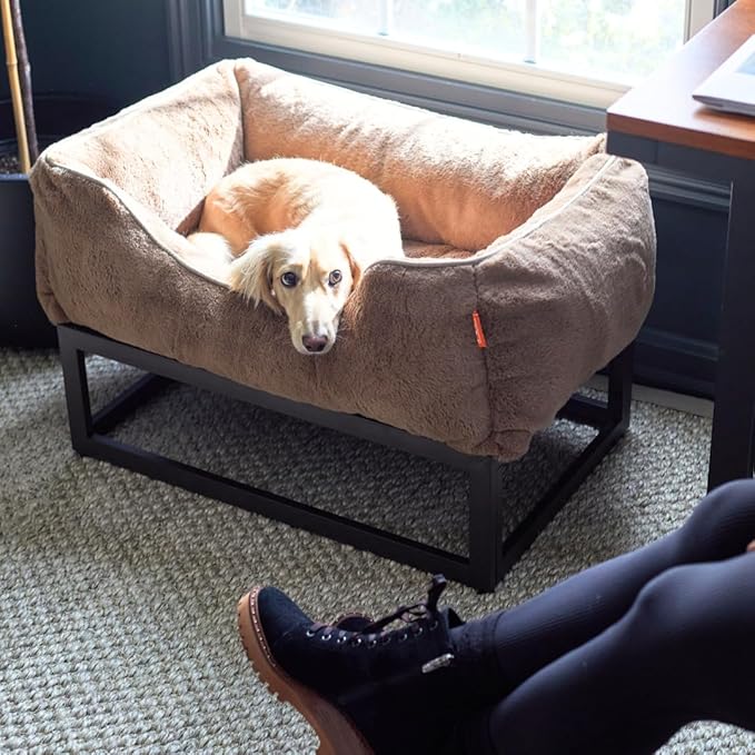 FUZI Elevated Dog Bed Small, Luxury Raised Dog Beds, Removable and Machine Washable Bed Cover, Indoor/Outdoor Orthopedic Pet Bed, Small 25.1x16.75x18 Light Brown & Black Base