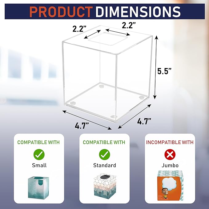 Acrylic Tissue Box Holder, Square Dispenser for Facial Tissues, Napkins, and Dryer Sheets. Perfect for Bathrooms, Desks, Countertops, Vanities, Bedrooms, and Nightstands (Square, Clear)