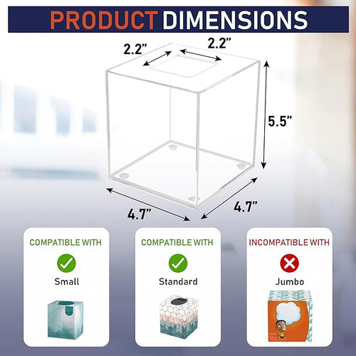 Acrylic Tissue Box Holder, Square Dispenser for Facial Tissues, Napkins, and Dryer Sheets. Perfect for Bathrooms, Desks, Countertops, Vanities, Bedrooms, and Nightstands (Square, Clear)