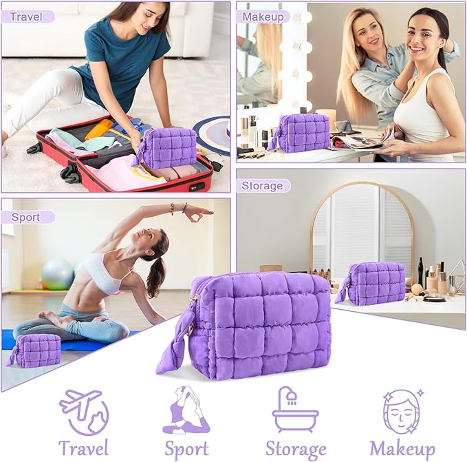 Puffer Quilted Makeup Bag Cosmetic Bags,Puffy Travel Toiletry Pouch for Women,Cute Checkered Zipper Bag Travel Essential,Portable Aesthetic Make up Organizer Bag for Gifts Work Daily(Purple,S)