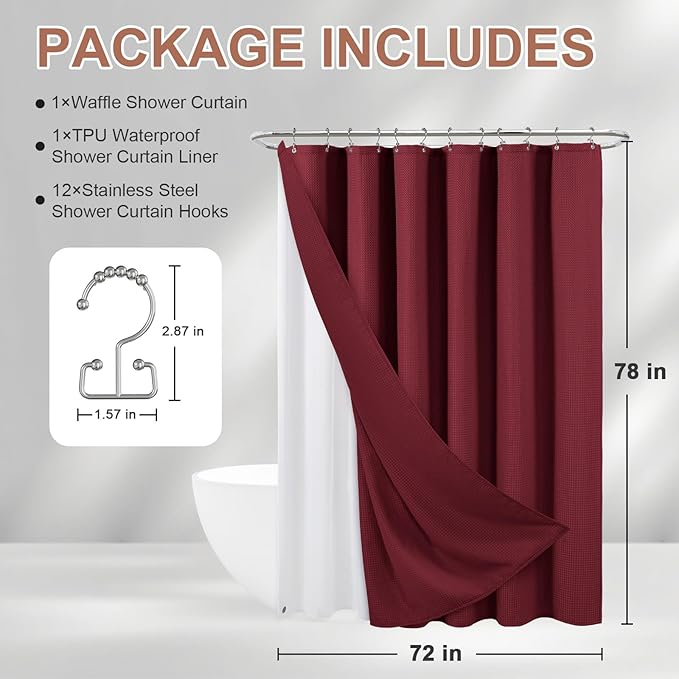 ROLIZOE 3-in-1 Waffle Texture Shower Curtain Set with TPU-Coated Waterproof Liner and 12 Upgraded Double-Sided Hooks, Well-Matched Sizes for a Seamless Fit – Burgundy, 72" x 78"
