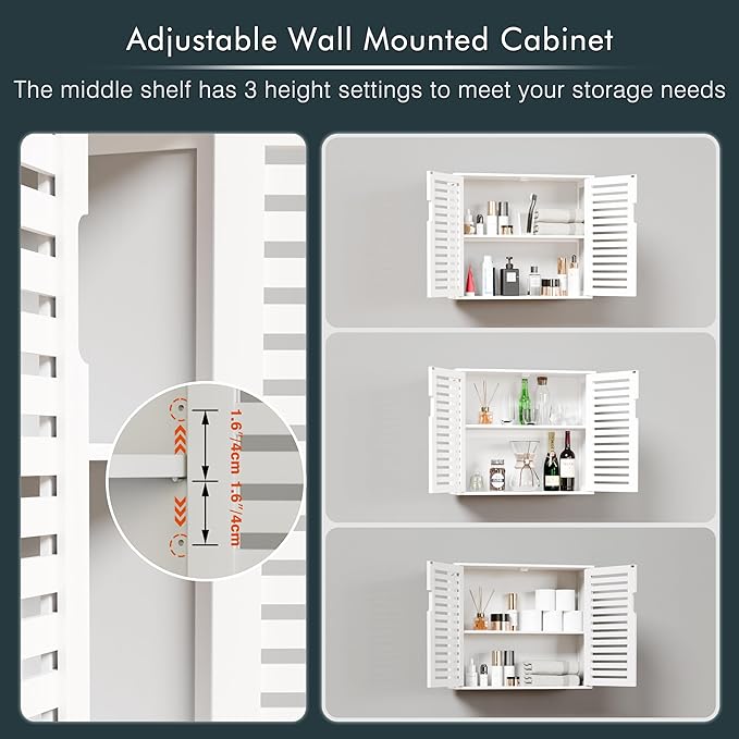 HITNET White Bathroom Cabinet Over Toilet, Bamboo Hanging Medicine Cabinet, Wall-Mounted Storage Organizer, Kitchen Cupboard with Double Doors and Adjustable Shelf