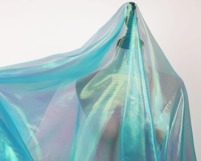 Sheer Iridescent Organza Fabric 58 Inches Wide - 10 Yards Precut - Shinny Wedding Party Decor Fairy Costume Voile Doll Clothes Sewing - Cyan Blue