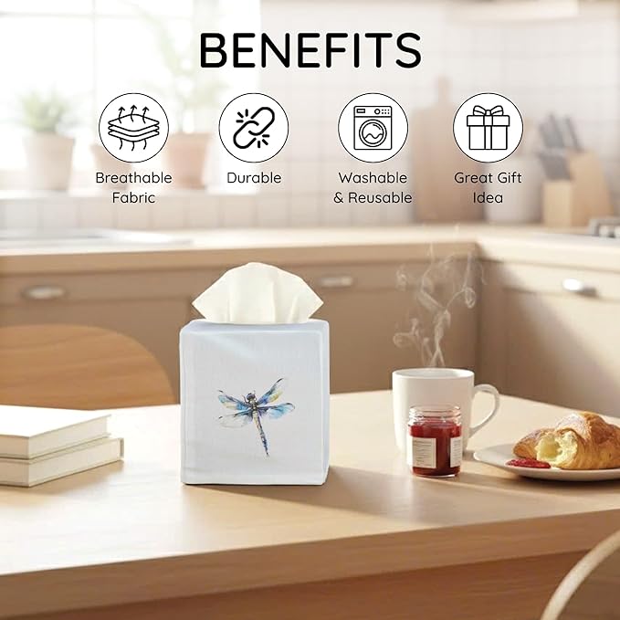 EmbroideryLinen.VN Tissue Box Cover Set of 2, Square Linen Tissue Holder, Printed Animal Pattern, 4.5x4.5x5.5 Inches, Decorative Holder for Bathroom, Living Room, Office (Dragonfly)