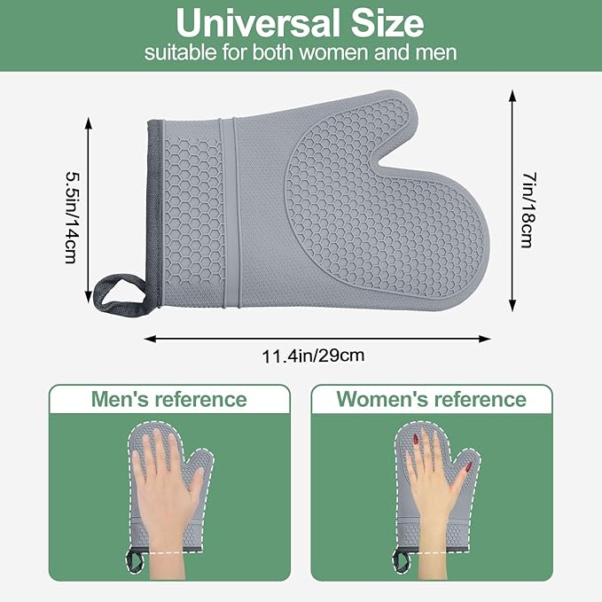 Silicone Oven Mitts Heat Resistant to 500ºF Kitchen Gloves Oven Gloves Silicone Oven Mitt Pair Oven Mitts Set Thickened Waterproof Mittens for Women Men Kitchen Home, 1 Pair (Grey)