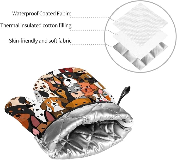 Cute Dogs Oven Mitts and Pot Holders 4 Pcs Set Oven Gloves and Potholders for Cooking Microwave BBQ Baking Grilling