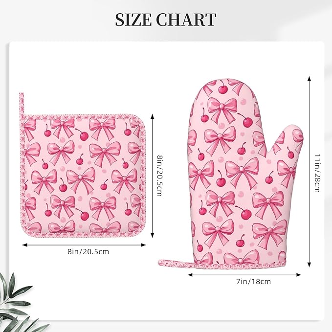 Oven Mitts Pot Holders Set Pink Bows Cherry Silicone Kitchen Gloves Potholders Heat Resistant for Chef Baking Cooking Grilling BBQ 4 Pack Mitt