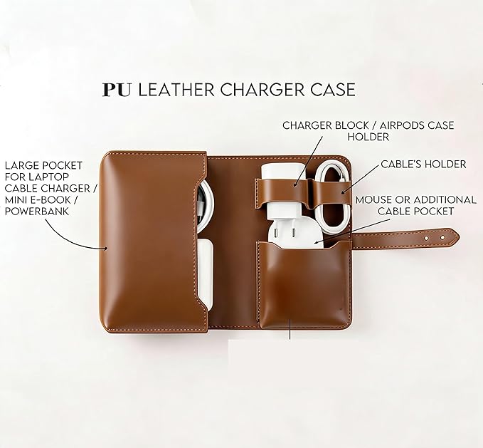 DUWUZEST Vintage Pu leather Electronic organizer travel case,cord organizer travel, Leather charger shortage for essentials mouse, adapter, cables (vintage brown)