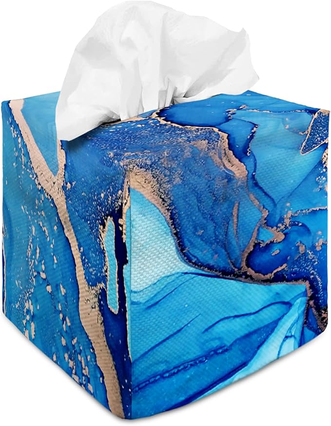 Tissue Box Cover Square Decorative Tissue Box Holder Cute Funny Cube Tissue Case Cover-Blue Marble Tissue Box Cover