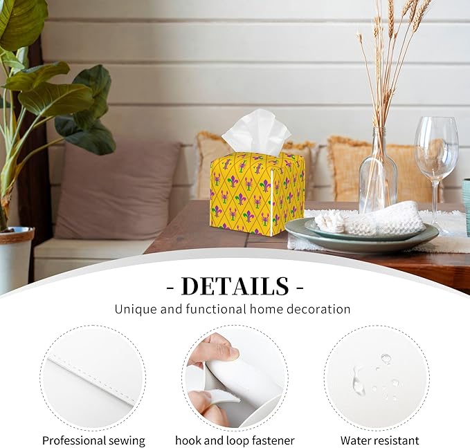 Tissue Box Cover Holder, Mardi Gras Crayfish and Fleur De Lis PU Leather Square Tissue Box Cover Decorative Organizer for Bathroom Kitchen Bedroom Vanity Countertop Night Stands