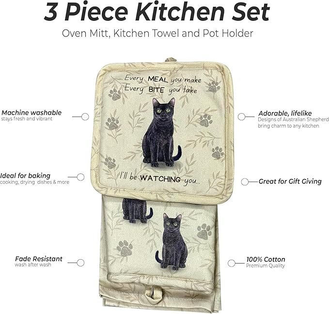 Black Cat 3-Piece Kitchen Set - Oven Mitt, Pot Holder & Kitchen Towel Set, Heat Resistant up to 420 F, Soft Quilted Cotton for Cooking, Baking, BBQ, Pet Lover Gifts (Black Cat)