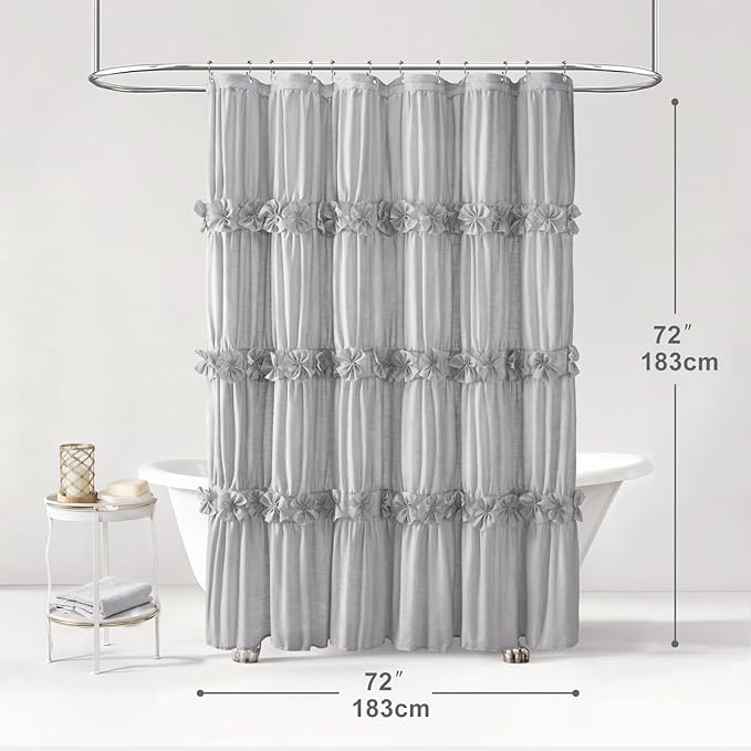 XOGUIBO Linen Ruffle Shower Curtain with Handmade Bow Tie, Vintage Farmhouse Shower Curtain for Bathroom, Grey 72" W x 72" H