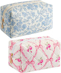 Gleyemor 2 Pieces Quilted Makeup Bag, Cute Floral Cosmetic Bag for Women, Cotton Make Up Bag Set, Flower Travel Toiletry Bag Tote Bag Organizer (Blue Floral+ Pink Rose)