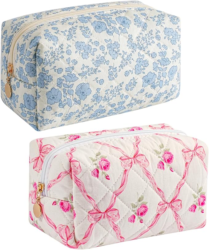 Gleyemor 2 Pieces Quilted Makeup Bag, Cute Floral Cosmetic Bag for Women, Cotton Make Up Bag Set, Flower Travel Toiletry Bag Tote Bag Organizer (Blue Floral+ Pink Rose)