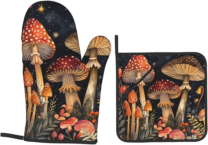 Oven Mitts and Pot Holders Sets of 4 Mushroom Vintage Botanical Kitchen Potholder Gloves Heat Resistant Non-Slip for Chef Baking Cooking Grilling BBQ Mittens