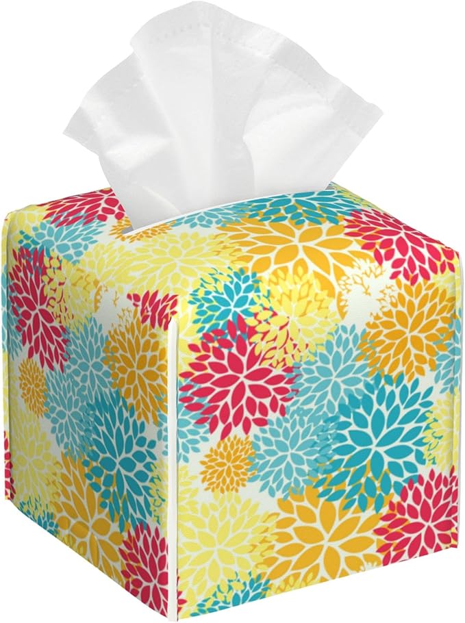 POIUBLE Chrysanthemum Flower Tissue Box Cover Leather Tissue Box Holder Square Facial Paper Organizer Dispenser for Bathroom Kitchen Bedroom Vanity Countertop Night Stands