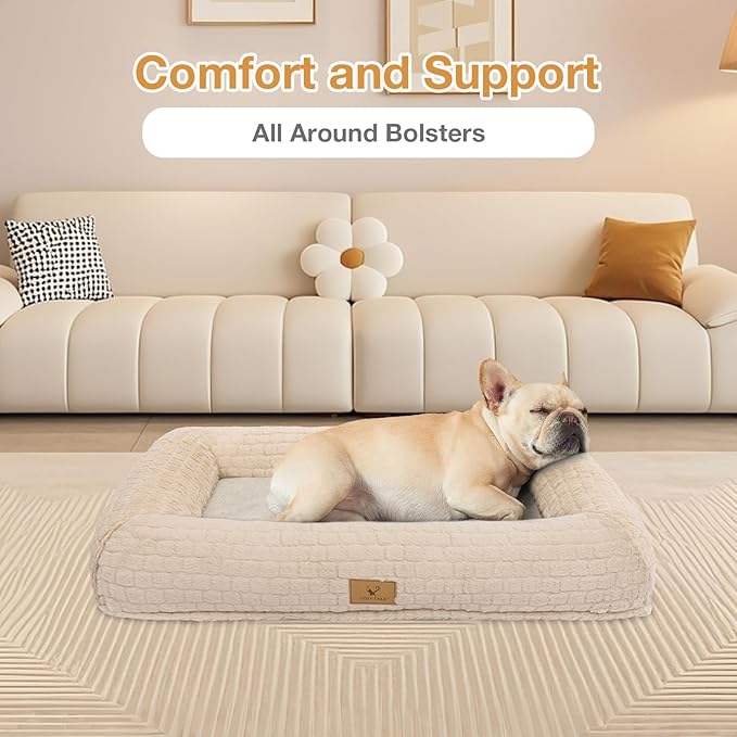 Plush Orthopedic Dog Bed for Medium Large Dogs, Memory Foam Bolster Sofa Bed with Removable Washable Cover, Waterproof Lining & Non-Slip Bottom (Tan-S)