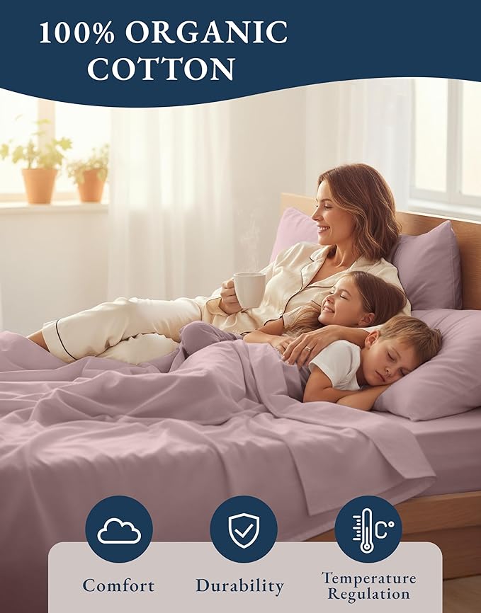 LANE LINEN 100% Organic Cotton Cal King Size Bed Sheets, Sustainably Produced Okeo Tex Certified California King Cotton Sheets, Luxury Hotel Percale Soft & Comfy Comes in Variety of Colors -Lilac