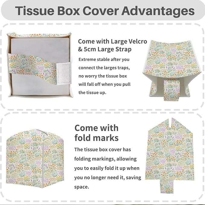 Tissue Box Cover, Tissue Box Holder, Square with Belt Bottom, PU Leather Decorative Organizer for Desk, Tabletop, Countertop Living Room, Toilet Car, Office, Dresser Bedside, Aesthetic Floral Decor