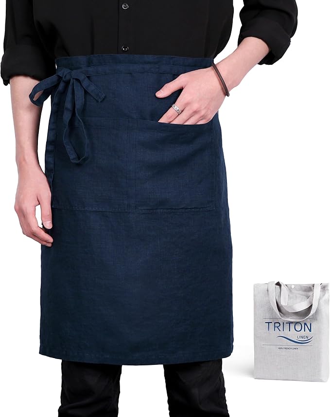 Pure Linen Bistro Half Apron - 25 x 35 Inch Unisex Waist Aprons with Large Pocket Ideal for Kitchen Crafts and More