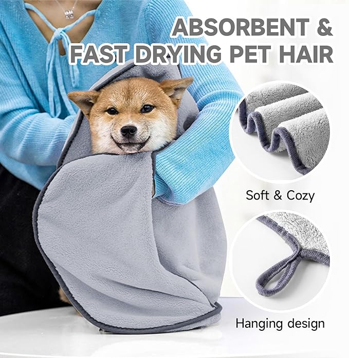 KUEIOX Dog Towels for Drying Dogs Small Medium Large, 2 Pack Dog Cat Drying Bath Towel 30.3"x13.8" with Hand Pocket,Absorbent Pet Towel for Dog Cat Grey
