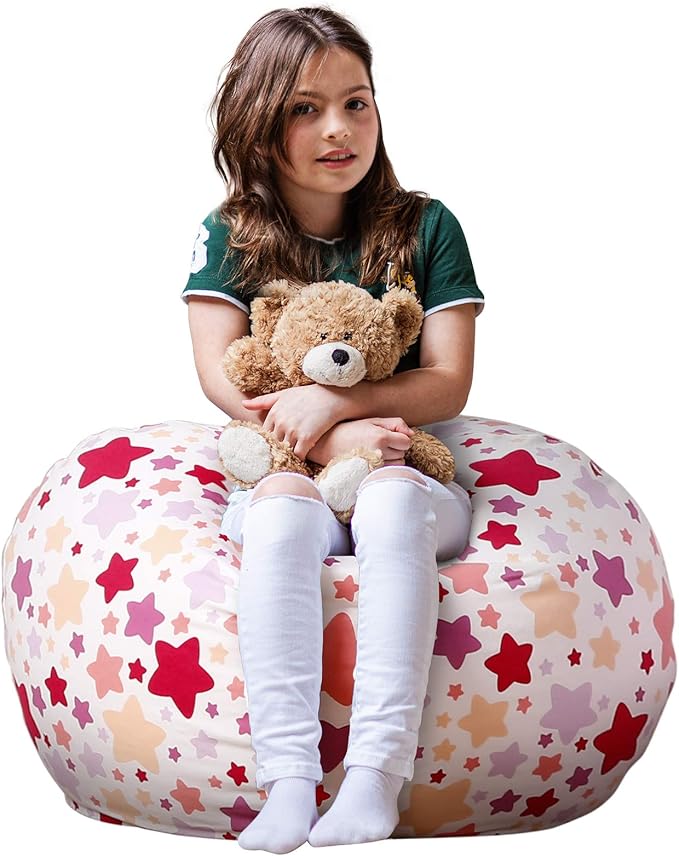 WEKAPO Stuffed Animal Storage Bean Bag Chair Cover for Kids | Stuffable Zipper Beanbag for Organizing Children Plush Toys Large Premium Cotton Canvas (Large Star, X-Large)