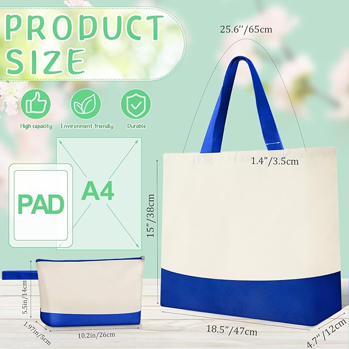 Sanwuta Canvas Tote Bags Bulk with Zipper Cosmetic Pouch 18.5" Reusable Cotton Shopping Bag with Handle for DIY Craft