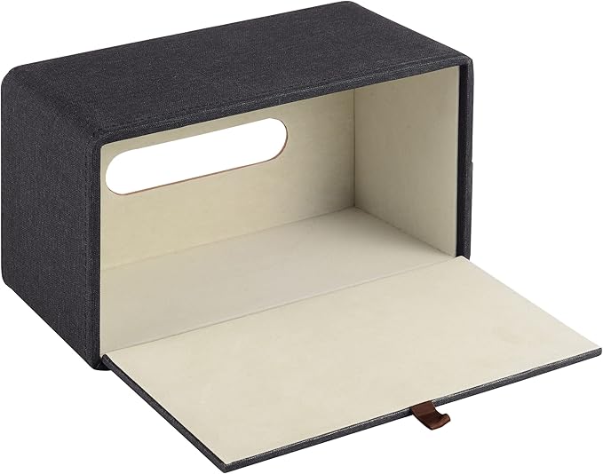 RHCSZ High-end Pu Leather Tissue Box Holder Two Color Combination-Linen and Wood Grain,Rounded Rectangle Napkin Paper Case Dispenser for Home Bathroom Dresser Offices Car Tissue Cover (Black)