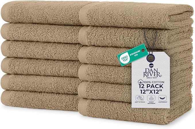 DAN RIVER 12 Pack Wash Cloths for Showering [12x12] - 100% Cotton Washcloths Premium Quality Flannel Face Cloths for Bathroom, Highly Absorbent and Soft Feel Wash Clothes, Tan
