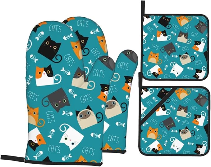 Funny Cute Cats Oven Mitts and Pot Holders 4 Pcs Set Oven Gloves and Potholders for Cooking Microwave BBQ Baking Grilling