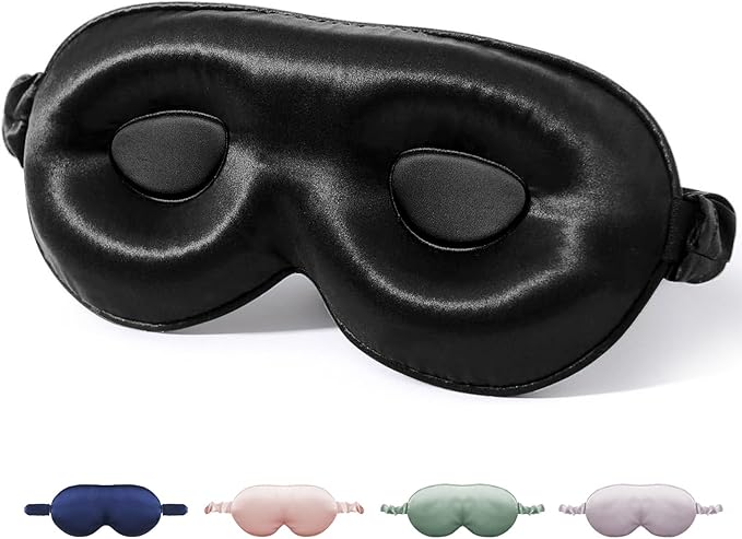 SGMSILK 100% Mulberry Silk Sleep Mask for Unisex, 22 Momme 3D Silk Contoured Eye Mask, Breathable Light Blocking Blindfold with Adjustable Strap, Blackout Eye Cover for Travel, Black