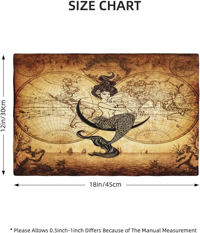 Vintage Mermaid Map Placemats, Old 70s Nautical Pirate World Map Print Washable Fabric Placemats Table Kitchen Dining Party 12x18 Inch Set of 6