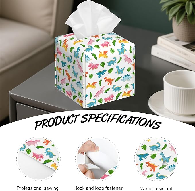Cute Dinosaur Tissue Box Holder,Palm Leaves Cube Tissue Box Cover Holder,Leather Facial Paper Organizer Dispenser Home for Bedroom Night Stands,Kitchen,Office and Car,5.2"×5.2"×5.2"