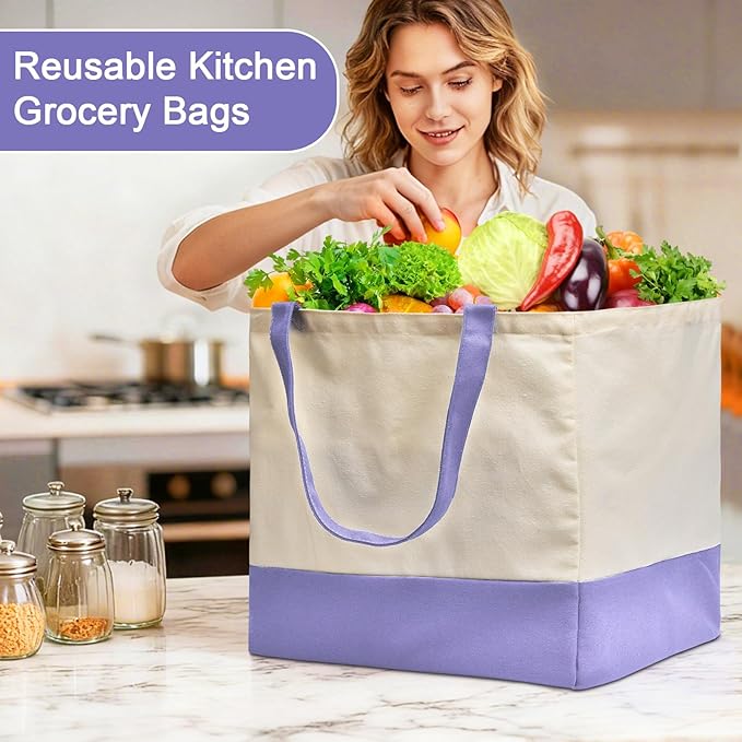 CNaiyunpin Reusable Grocery Bags Heavy Duty, 8.3 gal Foldable Large Canvas Tote Bag with Handles, Holds 60 lbs Canvas Shopping Bags, 3 Pack（Off White+Light purple）