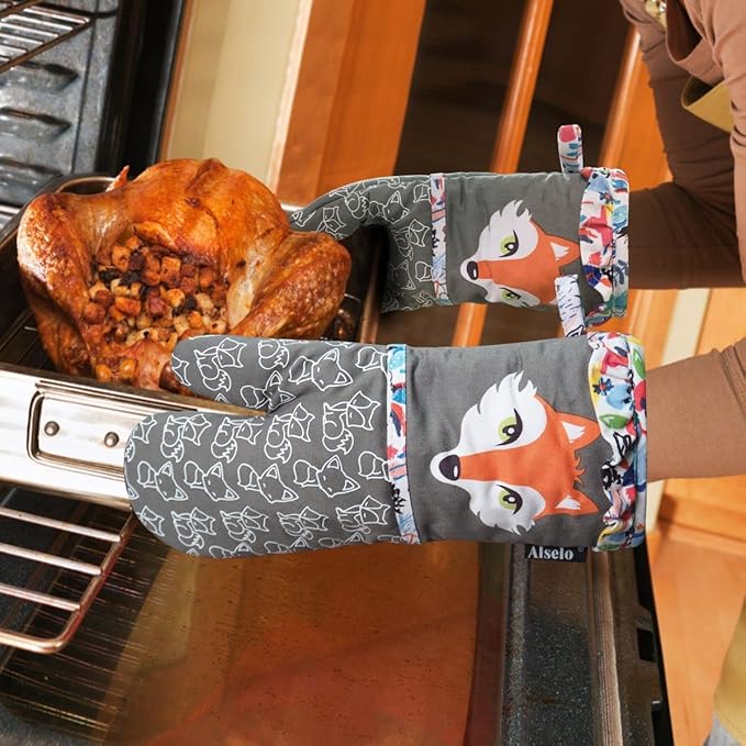Oven Mitts, Heat Resistant Kitchen Mittens with Soft Quilted Cotton Lining Set of 2, Fashion Animal Design with Silicone Printing Anti-Slip Gloves for Baking Cooking Barbecue (Gray 2)