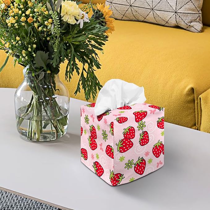 Tissue Box Cover Square Decorative Tissue Box Holder Cute Funny Cube Tissue Case Cover-Strawberry Tissue Box Cover