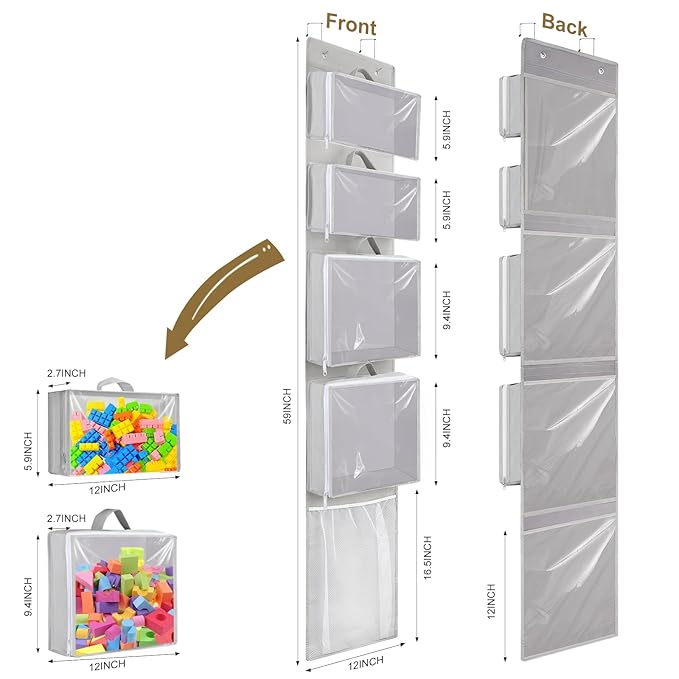 Woodoulogy Over Door Organizer and Storage, Hanging Toy Holder with 4 Clear Removable Pouches, Toddler Room Wall Stuffed Animal Bag Case, Kids Playroom Closet Organization for Building Block, Puzzle